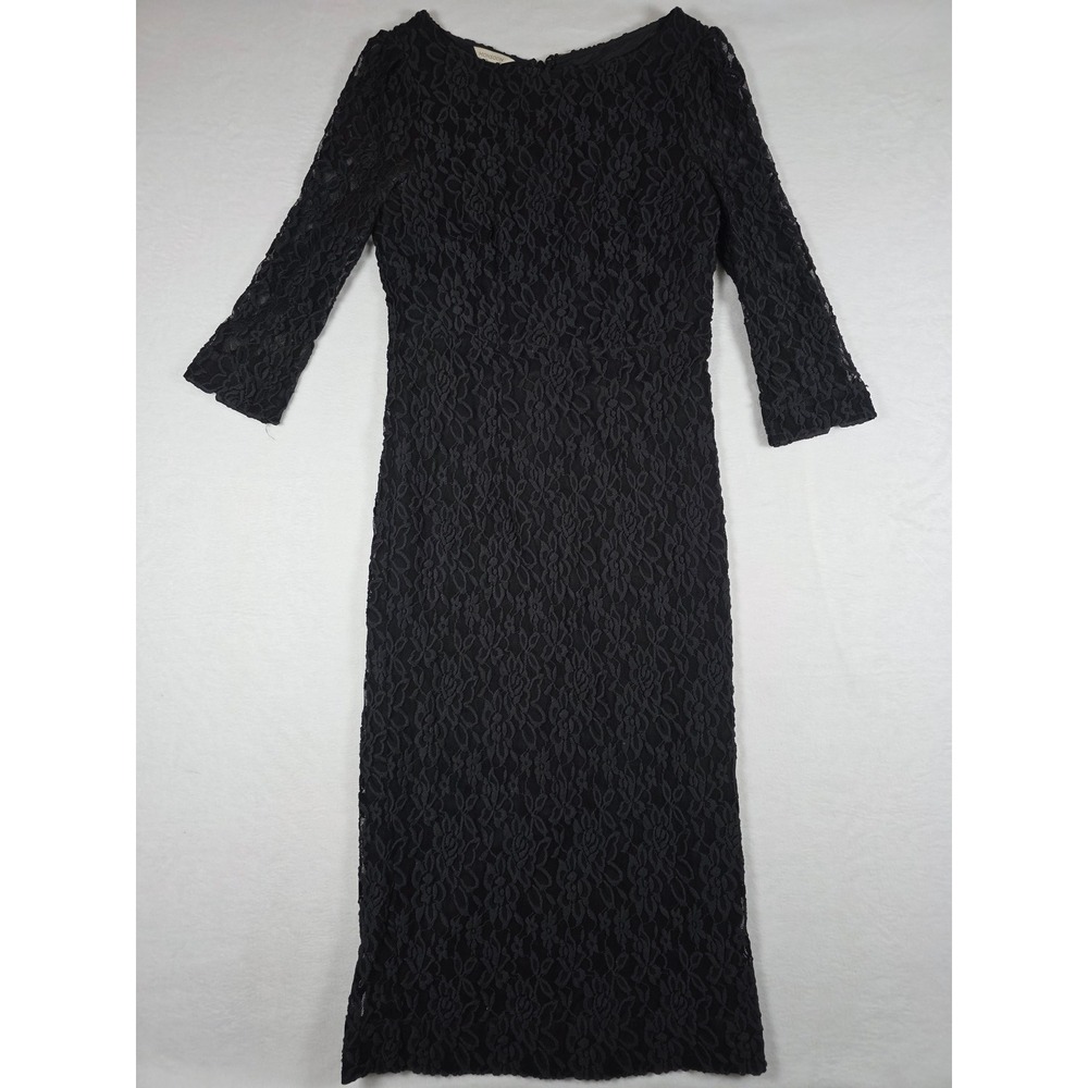 Y2K Floral Lace Midi Dress Sheath 3/4 Sleeve Size 6 Black Vintage Gothic